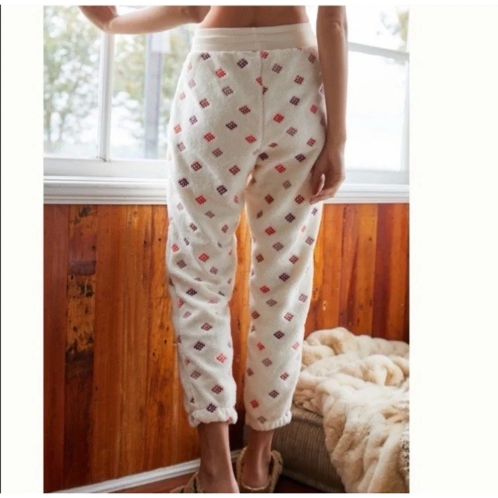 Daily Practice Anthropologie Fleece Embroidered Joggers Lounge Pants PJs Size XS
